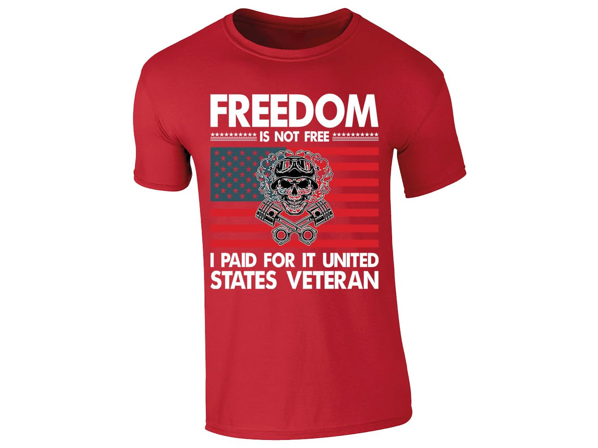 Red men's T-shirt with “Freedom is not free – United States Veteran” flag design