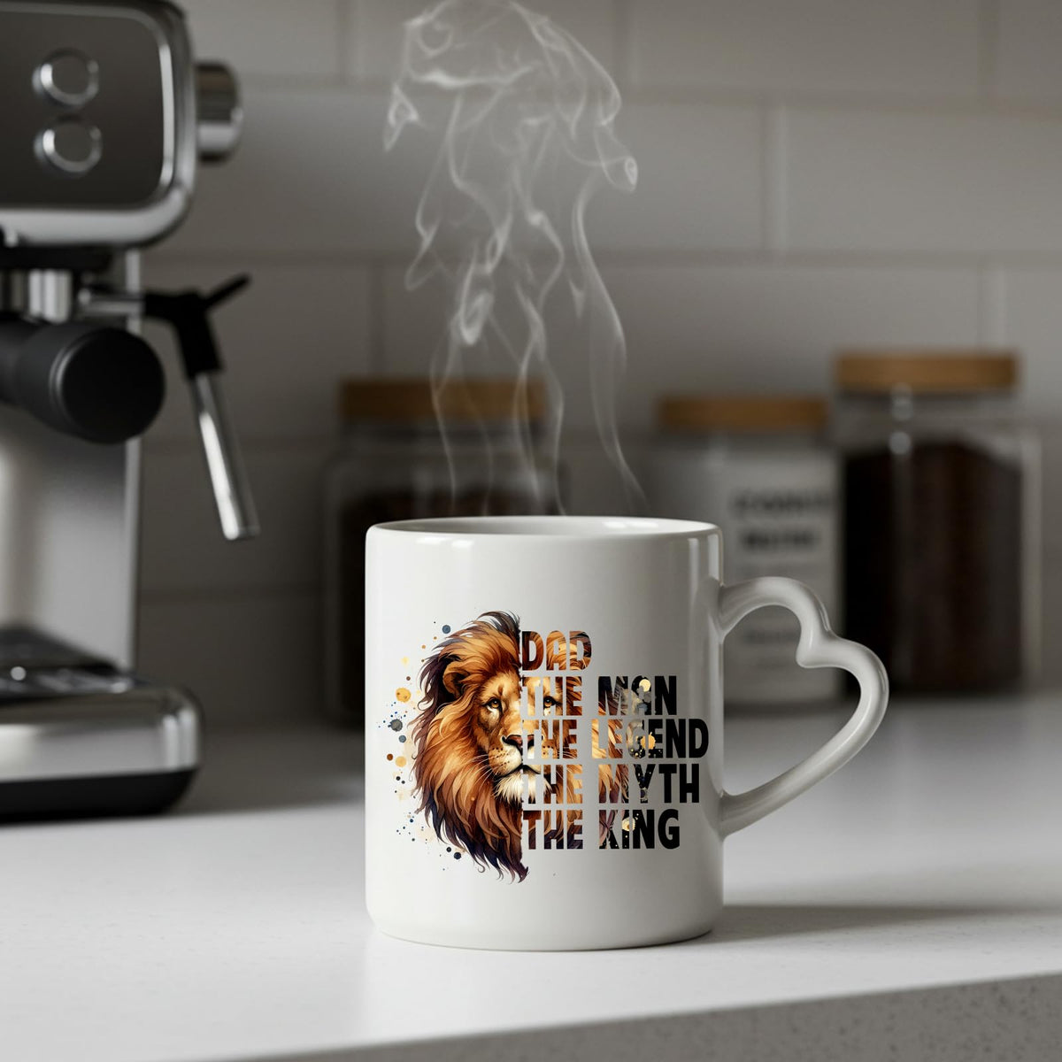 Steaming Dad the King lion heart-handle mug on a kitchen counter