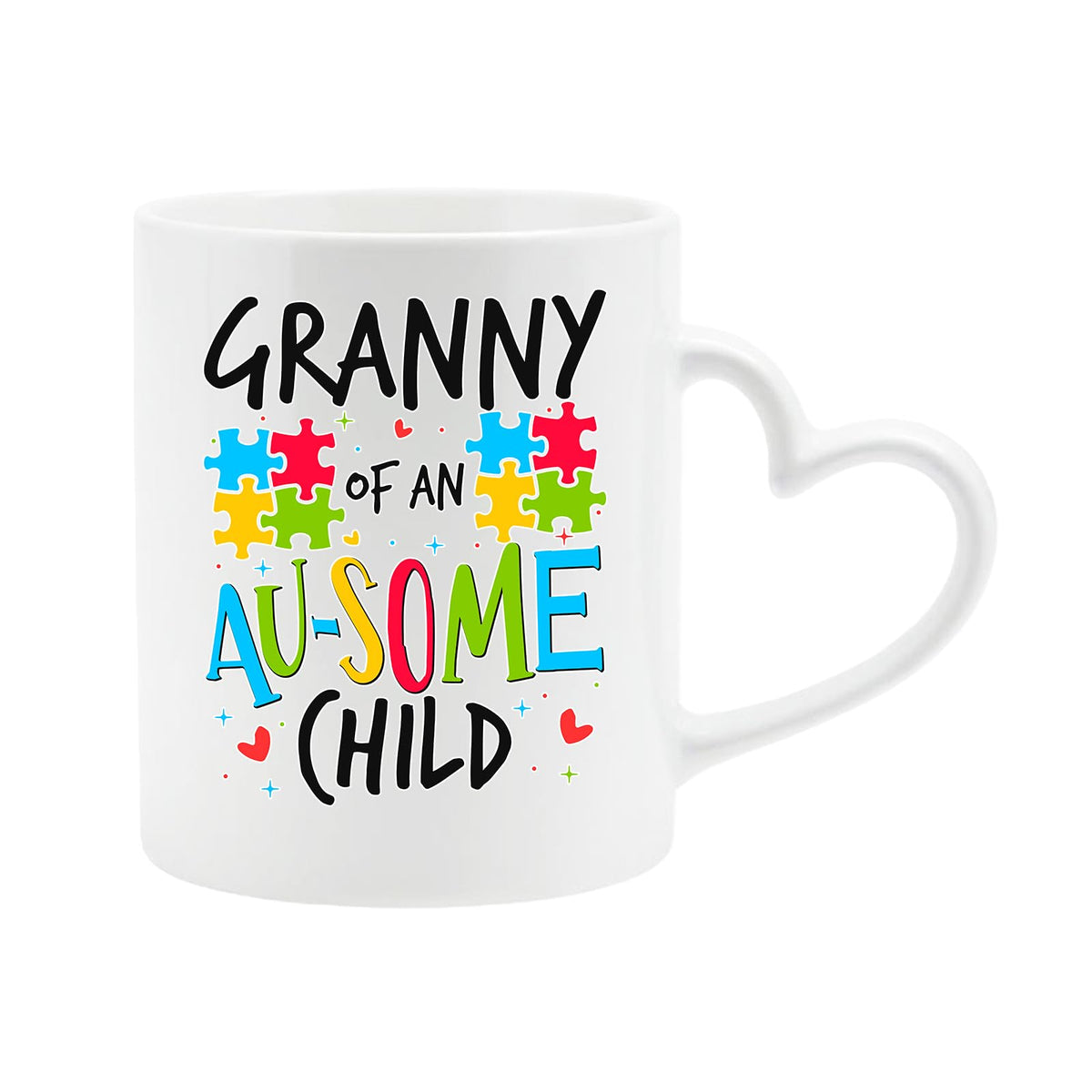 White heart-handle mug with “Granny of an AU-SOME child” with colourful puzzle pieces
