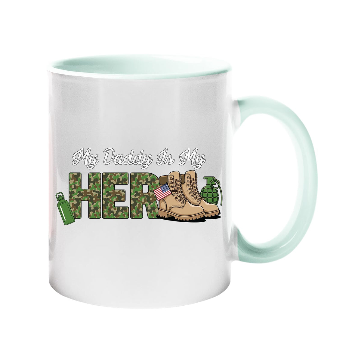 Colour handle mug with “My Daddy is my hero” in camo lettering with army boots and a flag – lime handle and inside