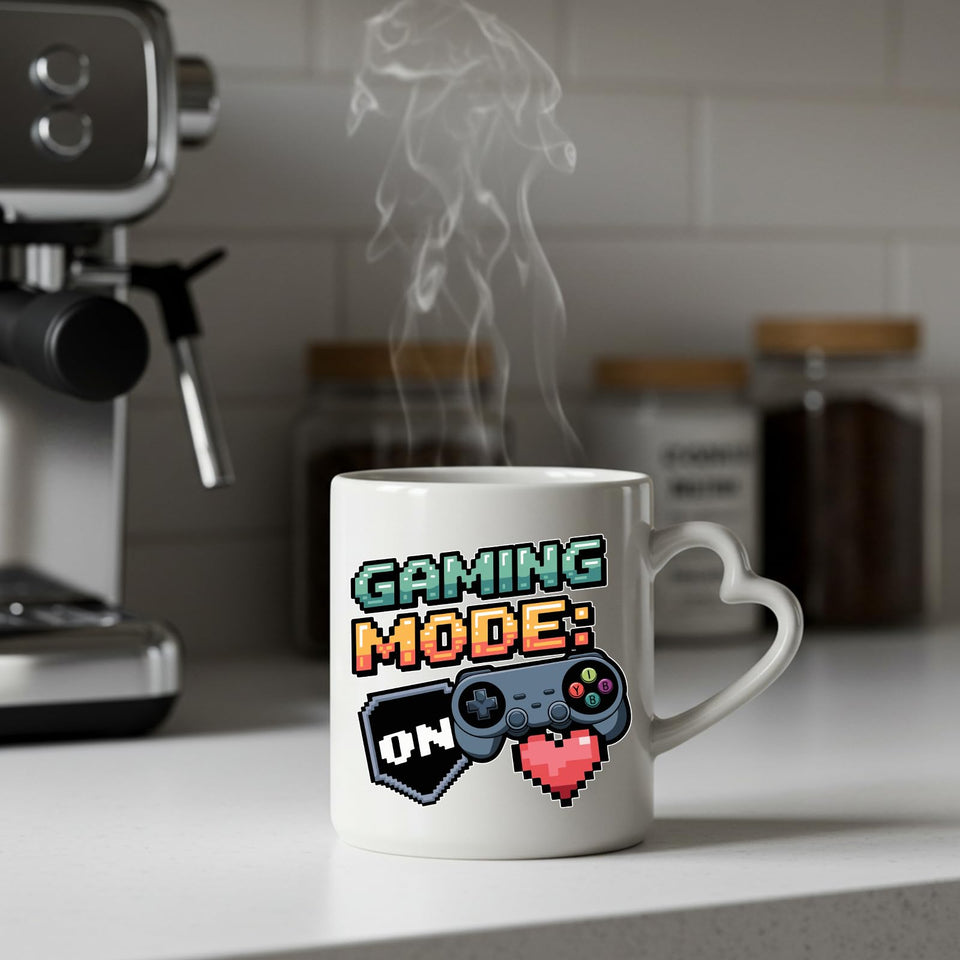 Steaming Gaming Mode On heart-handle mug on a kitchen counter