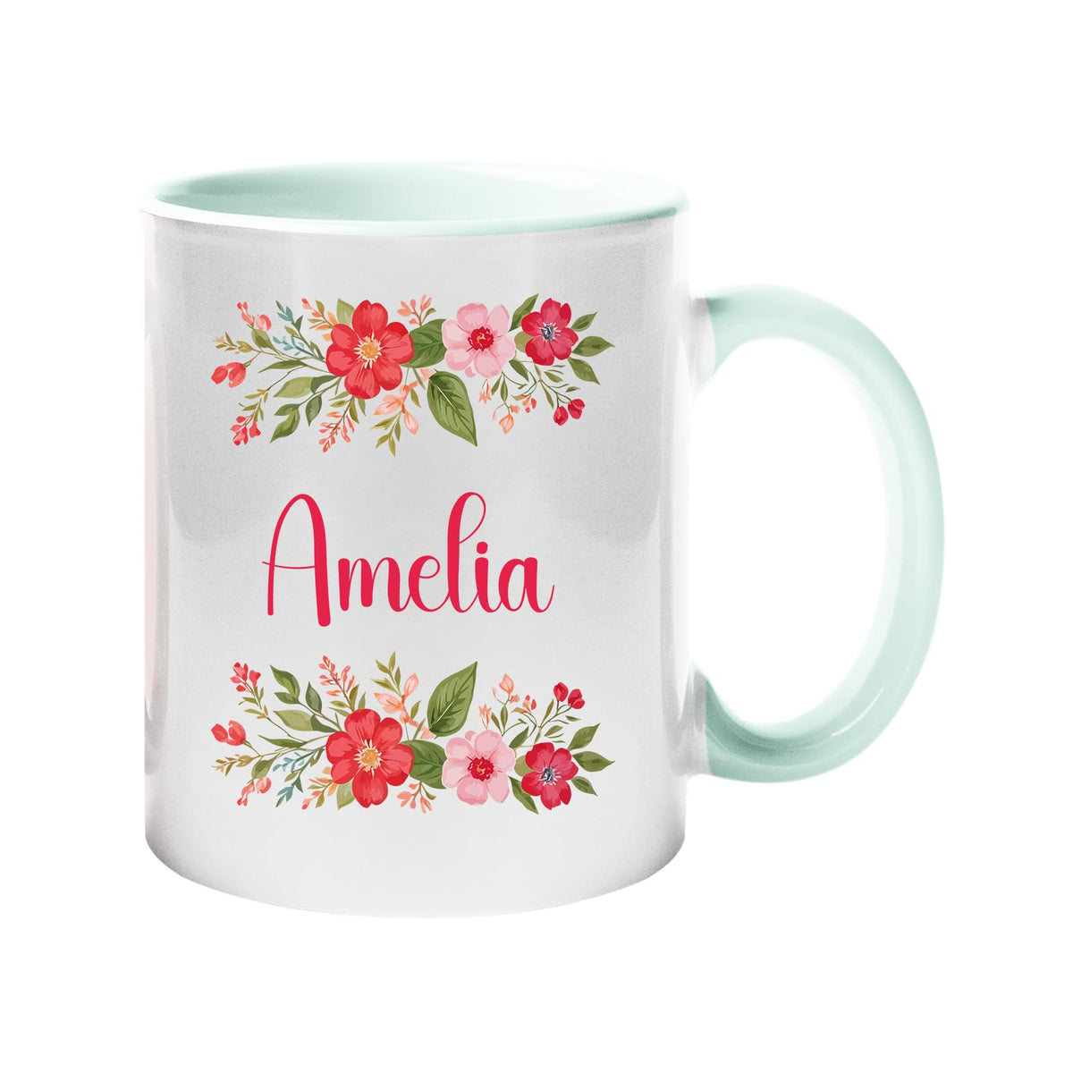 Lime handle mug with a red flower border around an example name