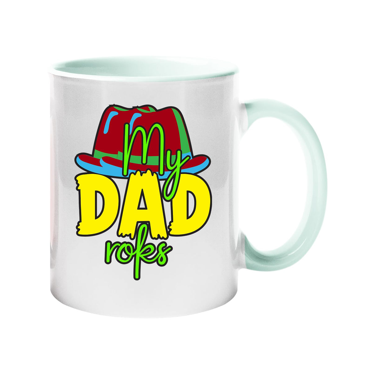 Lime handle mug with the colourful My Dad Rocks hat design