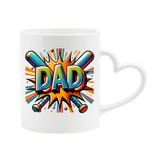 White heart-handle mug with a comic-style “DAD” in front of crossed baseball bats