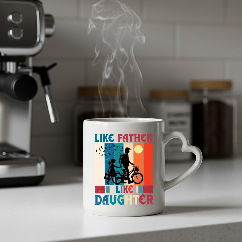 Steaming Like Father Like Daughter heart-handle mug on a kitchen counter