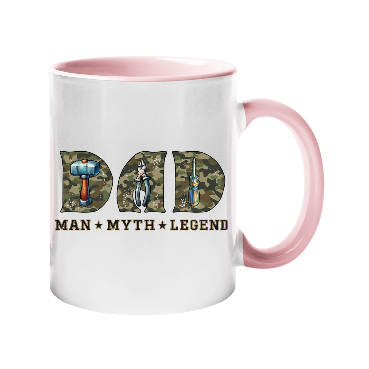 Colour handle mug with camo “DAD” letters with a hammer, pliers and screwdriver above “Man ★ Myth ★ Legend” – light pink handle and inside