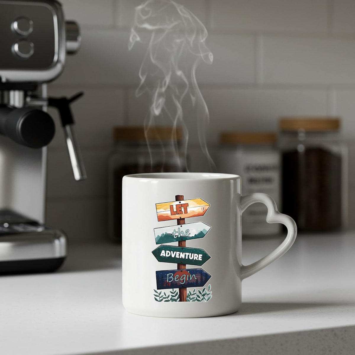 Steaming Let the Adventure Begin heart-handle mug on a kitchen counter
