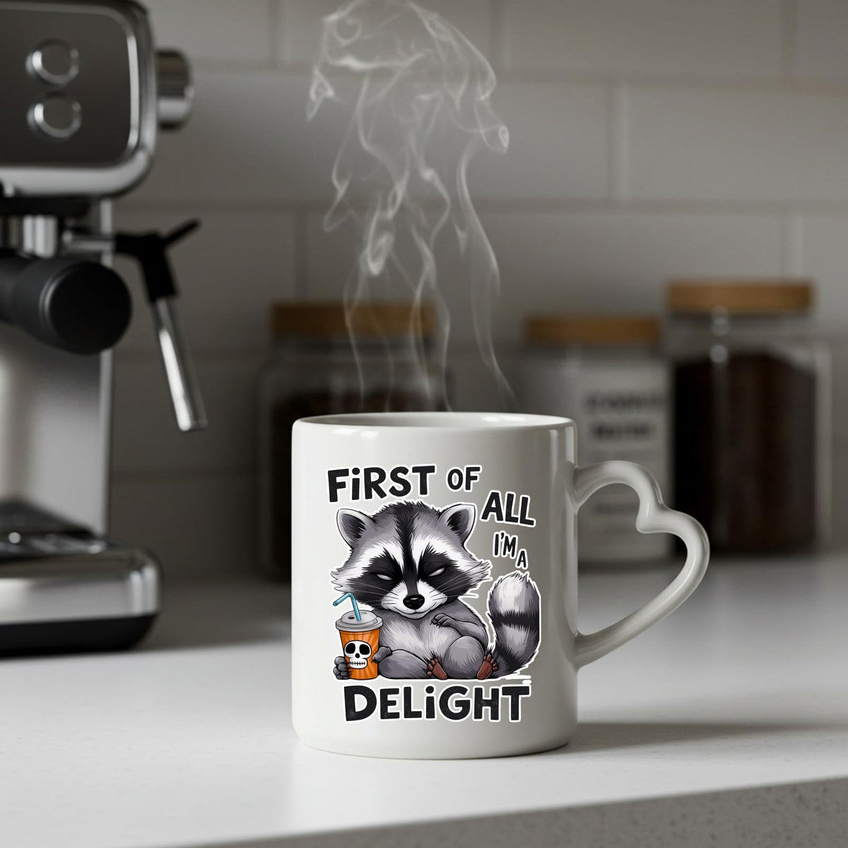 Steaming First of All I’m a Delight raccoon heart-handle mug on a kitchen counter