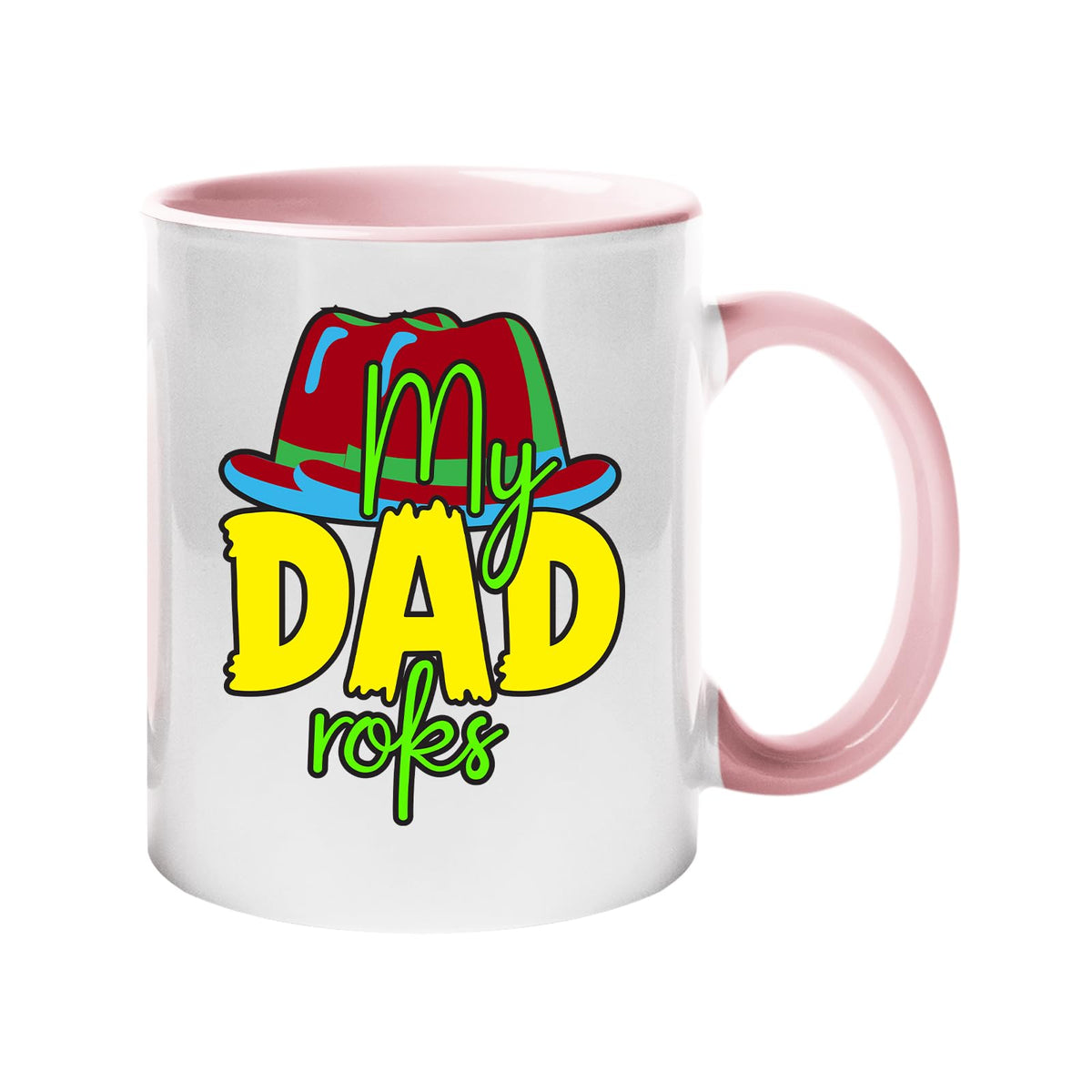 Light Pink handle mug with the colourful My Dad Rocks hat design
