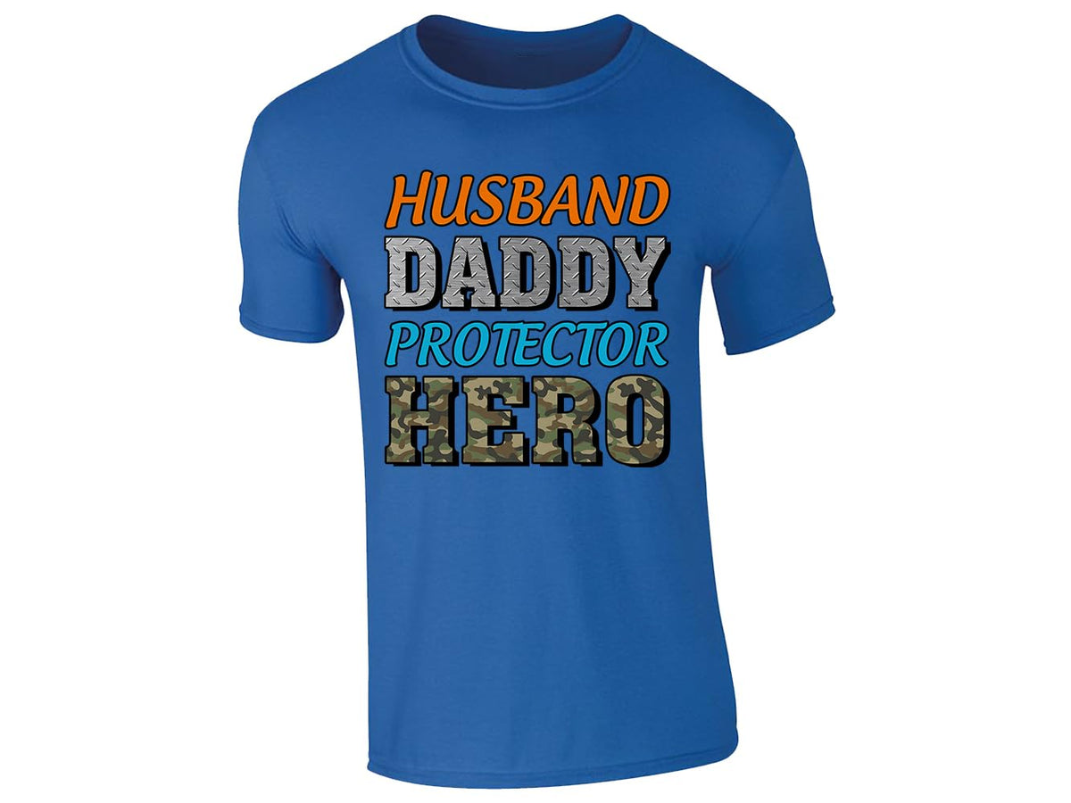 Royal Blue men's T-shirt with “Husband, Daddy, Protector, Hero” camo lettering design