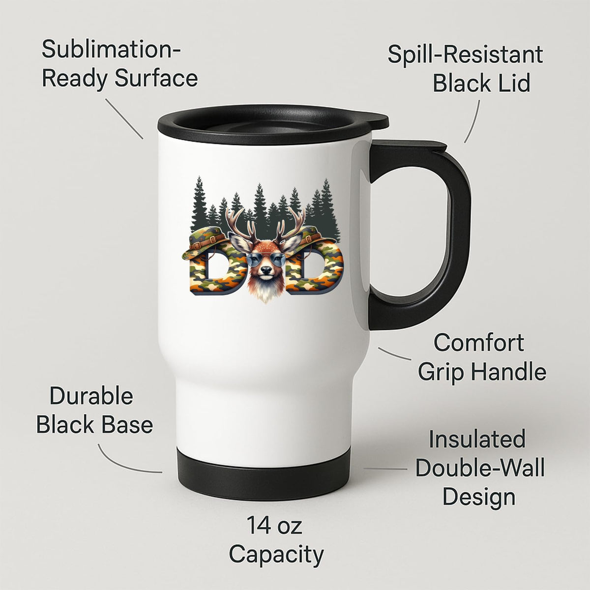 Travel mug with labels for spill-resistant lid, insulated double wall and 14oz capacity