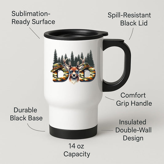 Travel mug with labels for spill-resistant lid, insulated double wall and 14oz capacity