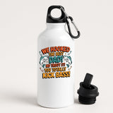 White aluminium water bottle with two leaping fish and “We hooked the best Dad! No trout about it! You totally kick bass!”