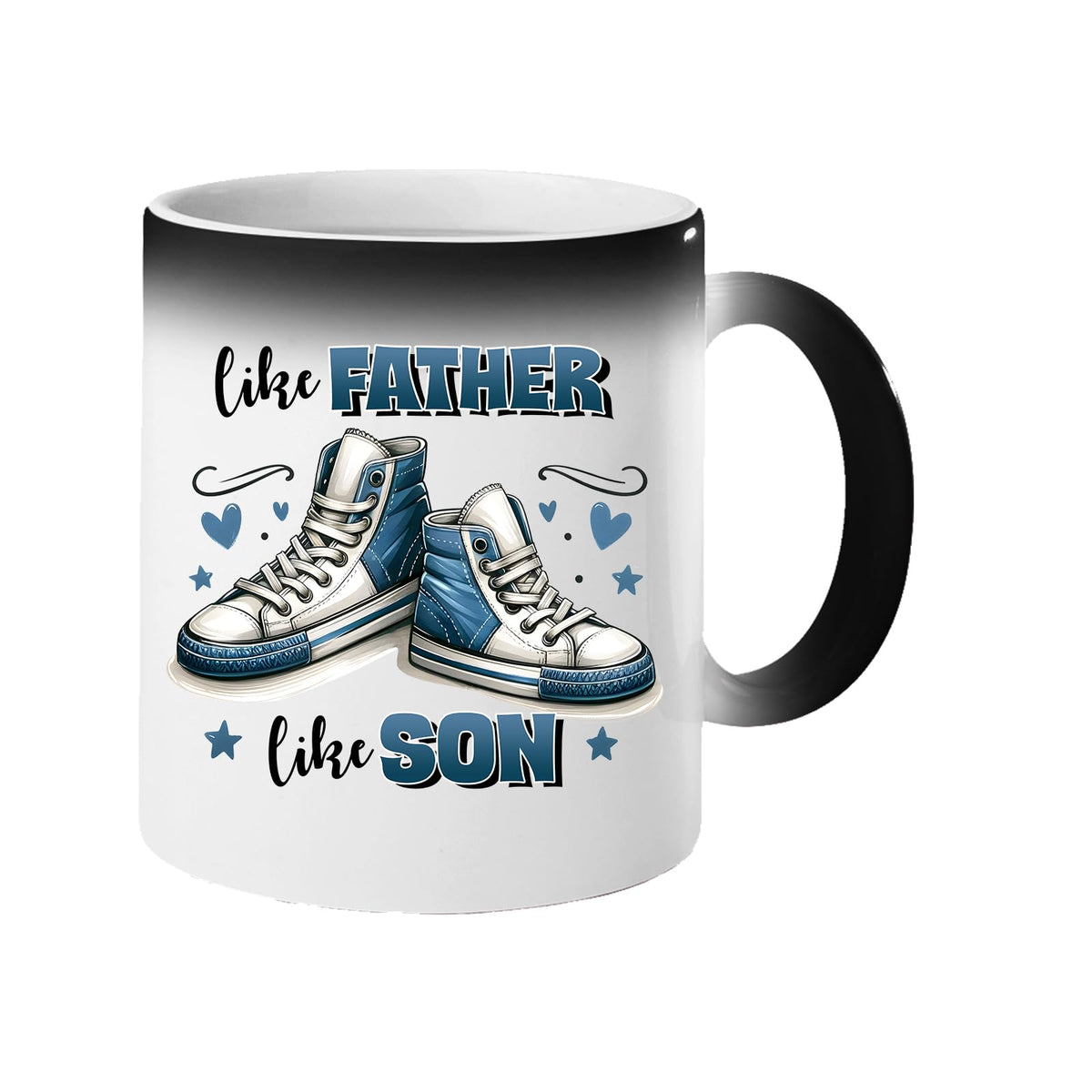Colour changing mug revealing a pair of blue high-top sneakers with hearts and “Like father, like son”