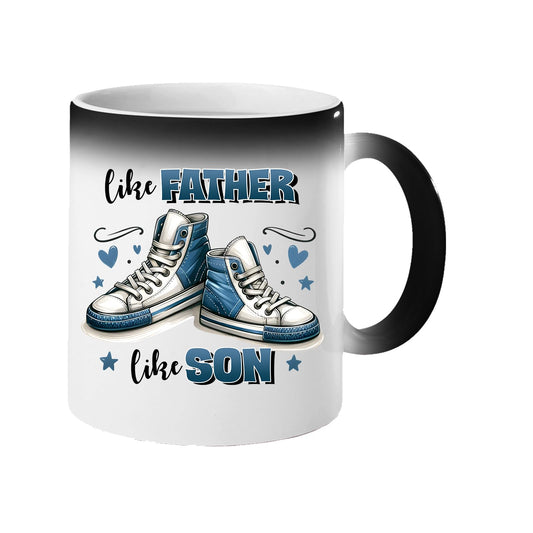 Colour changing mug revealing a pair of blue high-top sneakers with hearts and “Like father, like son”