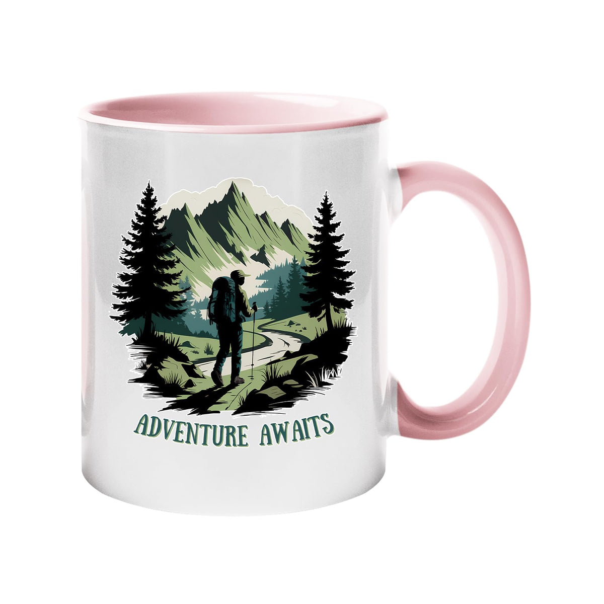 Colour handle mug with a hiker on a mountain trail between pine trees with “Adventure awaits” – light pink handle and inside