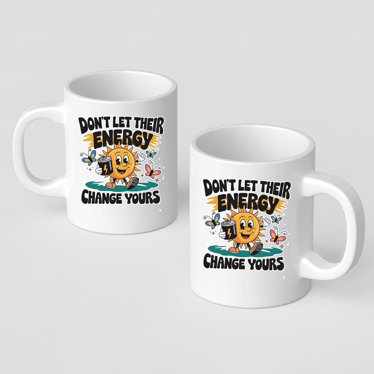 Front and back of the Positive Vibes sun mug