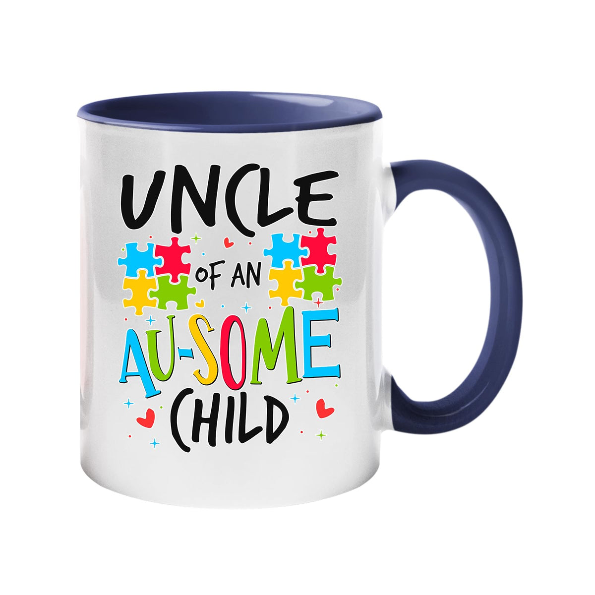 Colour handle mug with “Uncle of an AU-SOME child” with colourful puzzle pieces – dark blue handle and inside