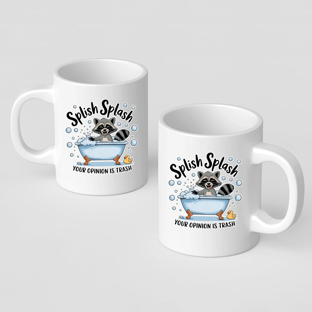 Front and back of the Splish Splash raccoon mug