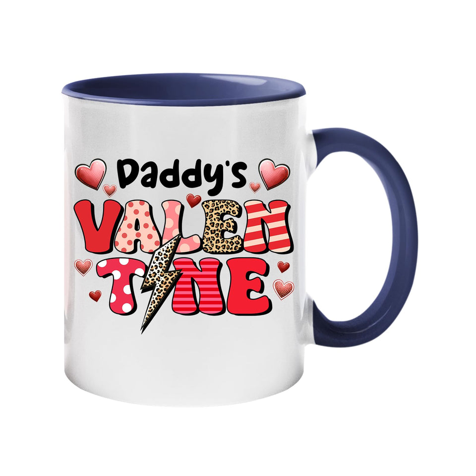 Colour handle mug with “Daddy’s Valentine” in patterned letters with hearts and a leopard lightning bolt – dark blue handle and inside