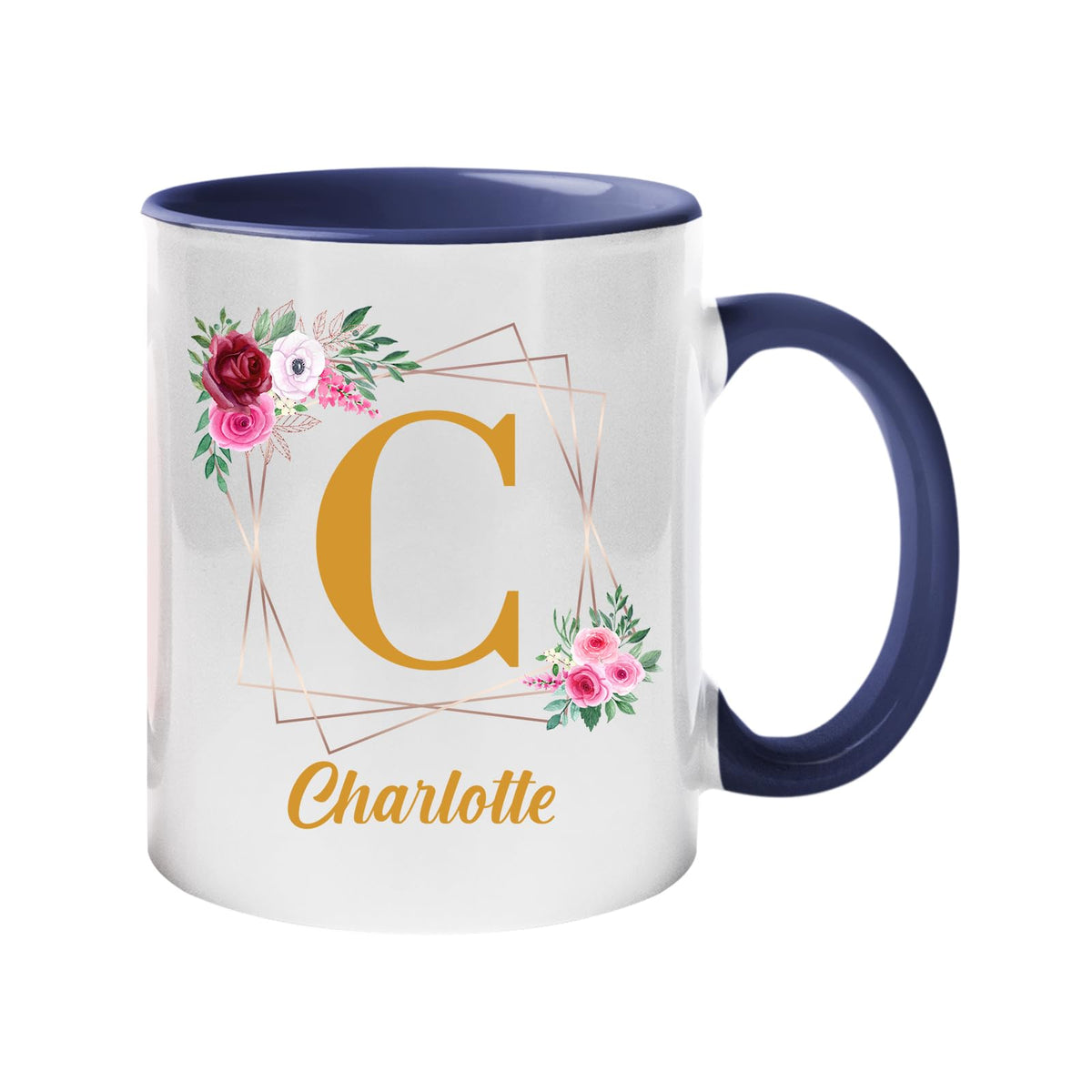 Dark Blue handle mug with a gold initial in a floral frame and an example name