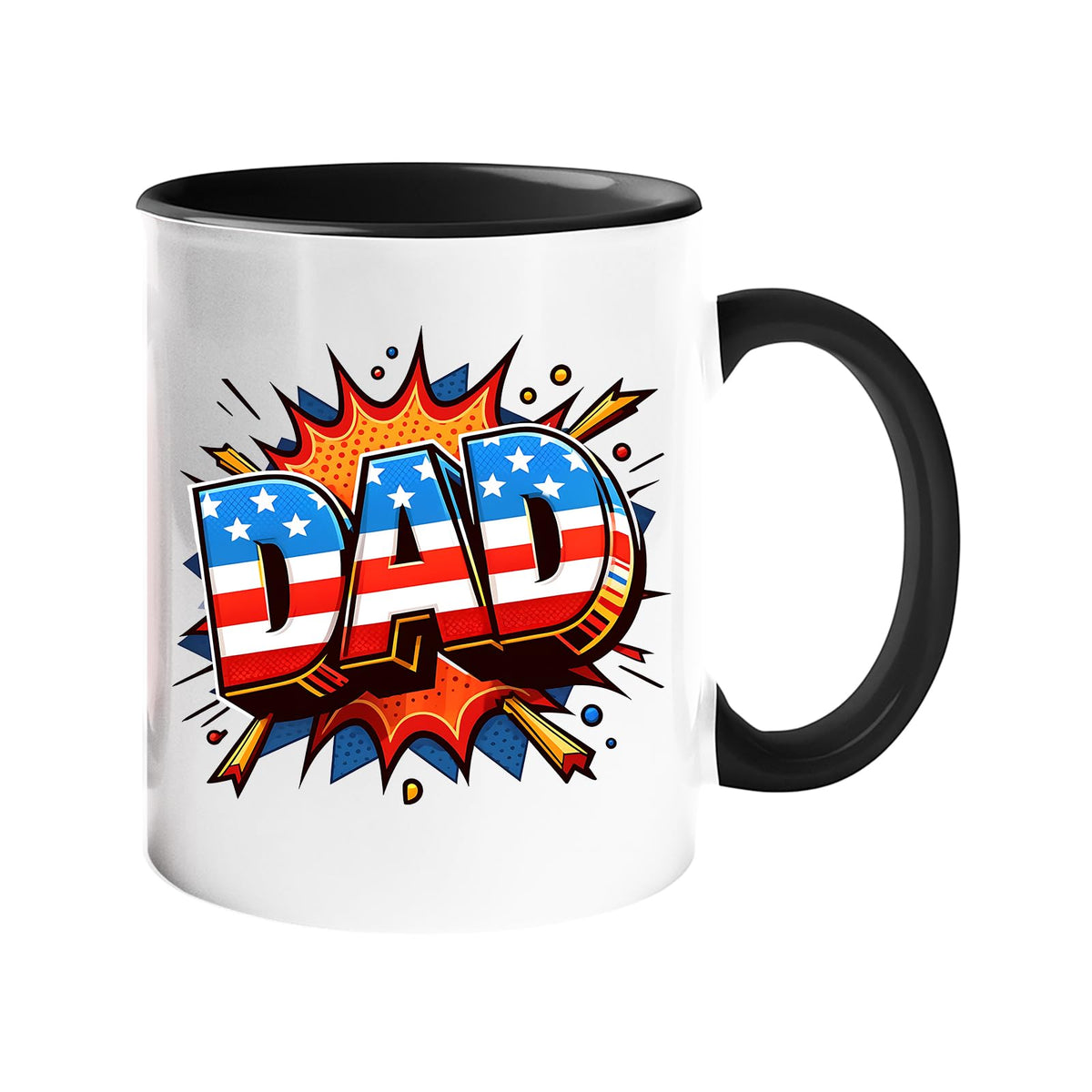 Colour handle mug with a comic-style “DAD” in stars and stripes on a starburst – black handle and inside
