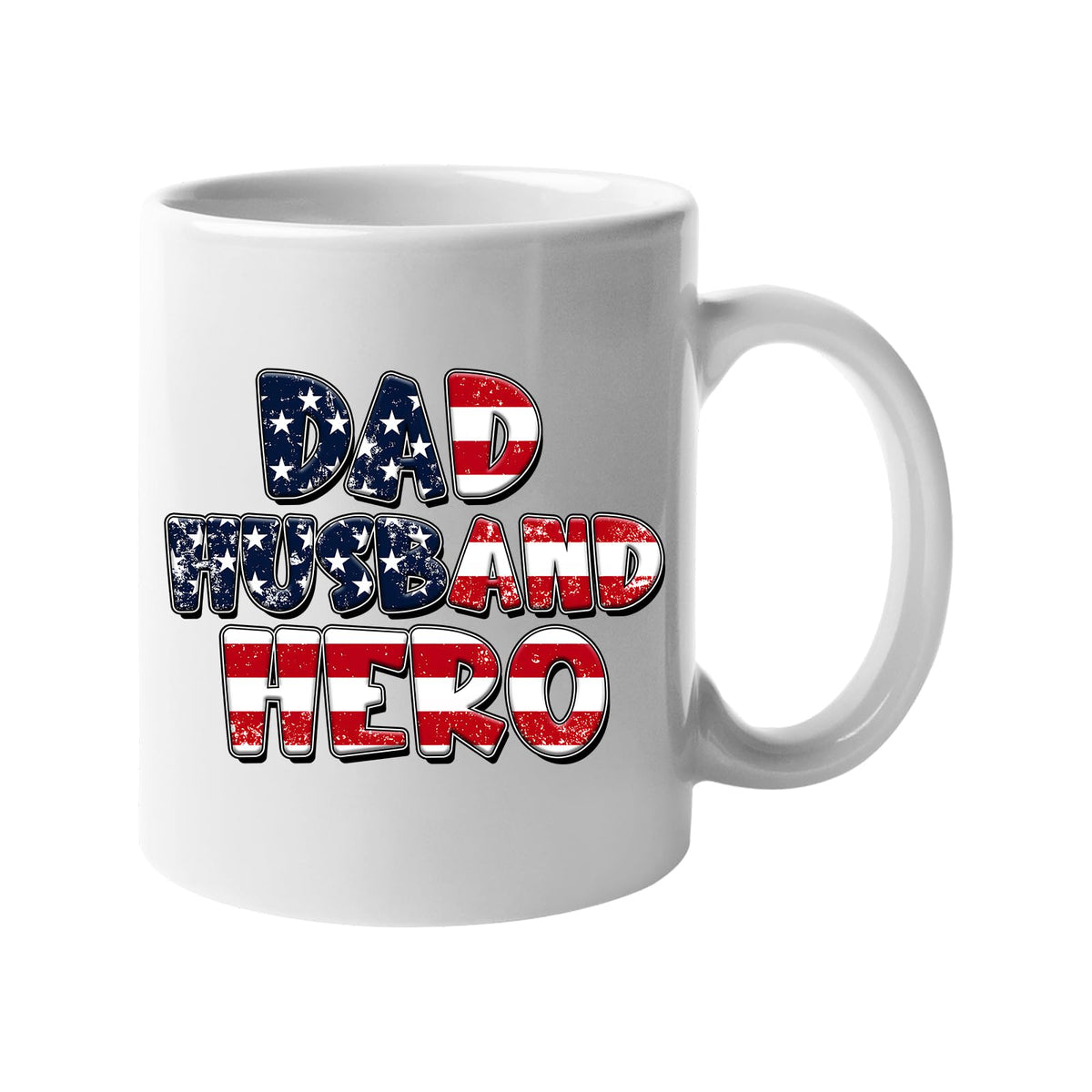 White mug with “Dad, Husband, Hero” in stars-and-stripes lettering