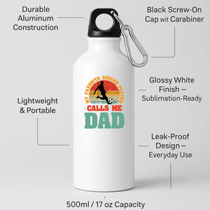 White aluminium water bottle with a footballer in silhouette on a retro sunset with “My favorite soccer player calls me Dad”