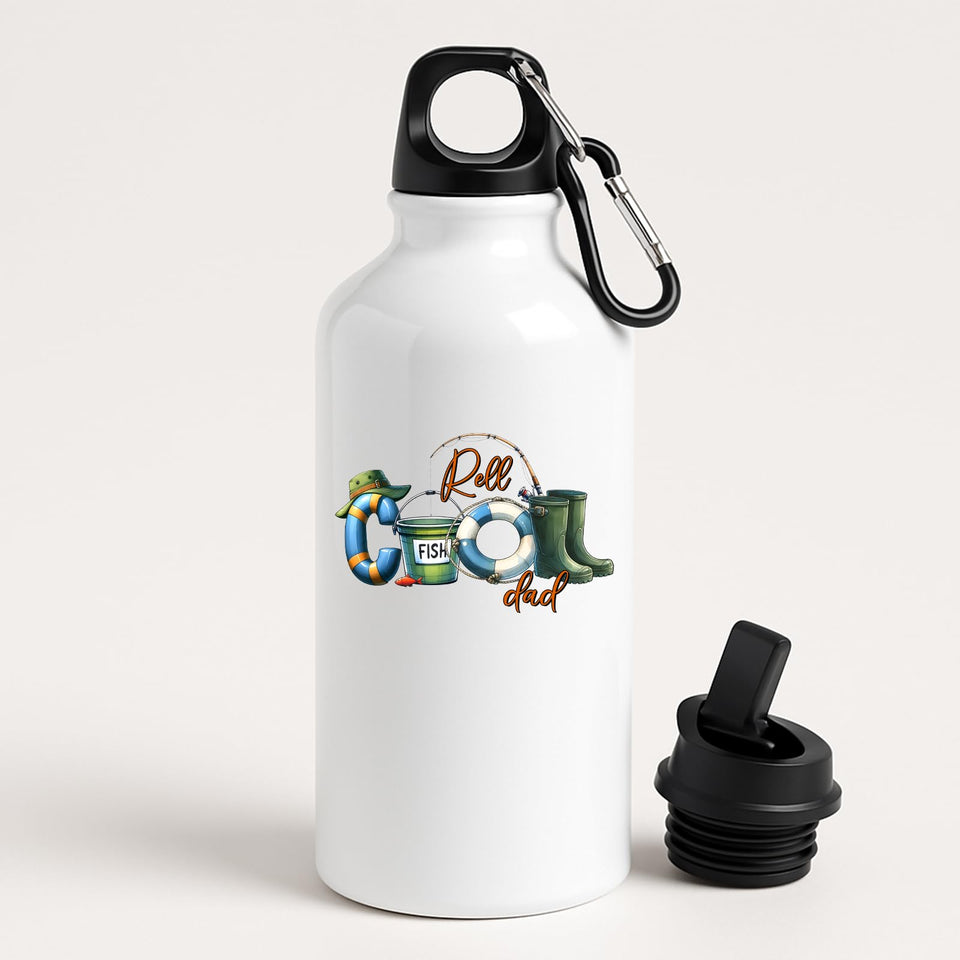 White aluminium water bottle with “Reel COOL Dad” spelled out with a bucket hat, bait tin, float and wellies
