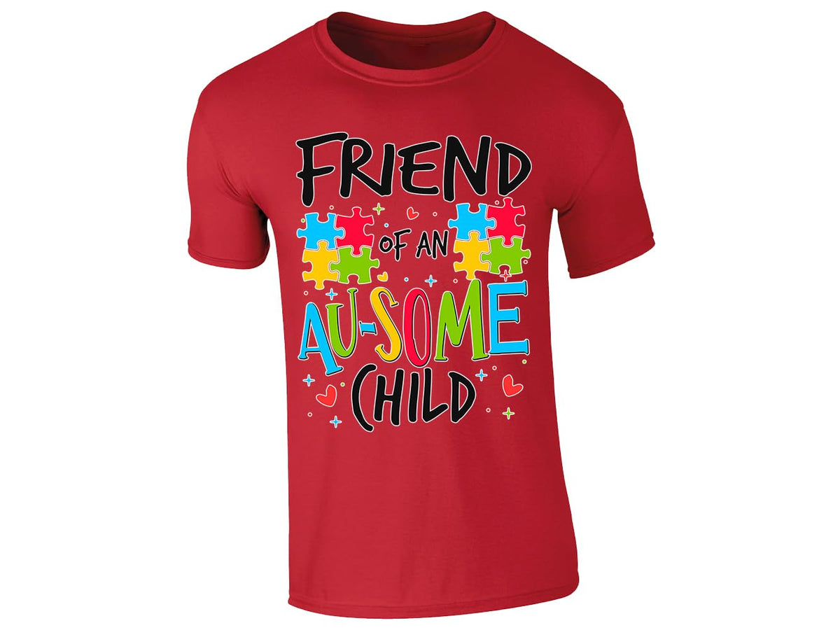 Red men's T-shirt with “Friend of an Au-some child” puzzle piece design