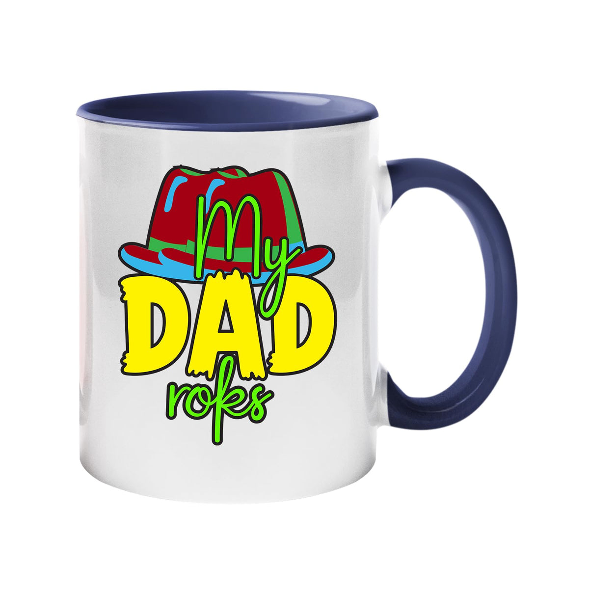 Dark Blue handle mug with the colourful My Dad Rocks hat design