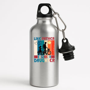 Silver aluminium water bottle with a dad and daughter with a bike in silhouette over retro stripes and “Like father, like daughter”