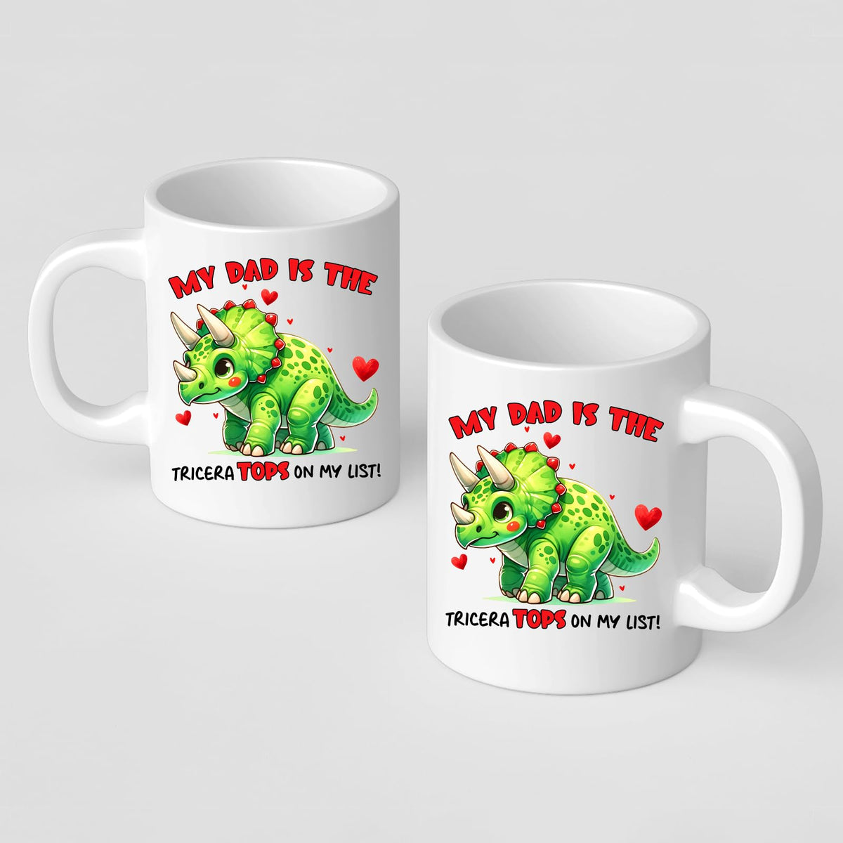Front and back of the Triceratops dad mug