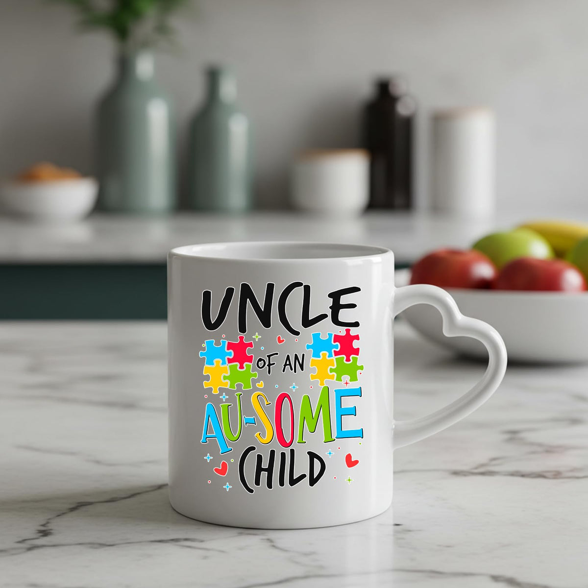 Uncle of an Au-Some Child heart-handle mug on a marble counter with fruit