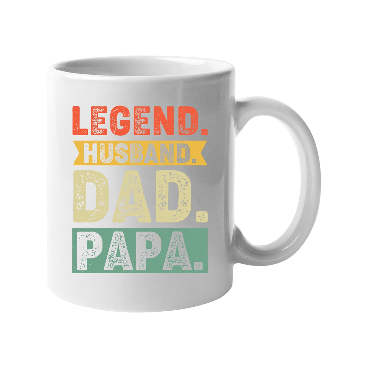White mug with “Legend. Husband. Dad. Papa.” in distressed retro colour blocks