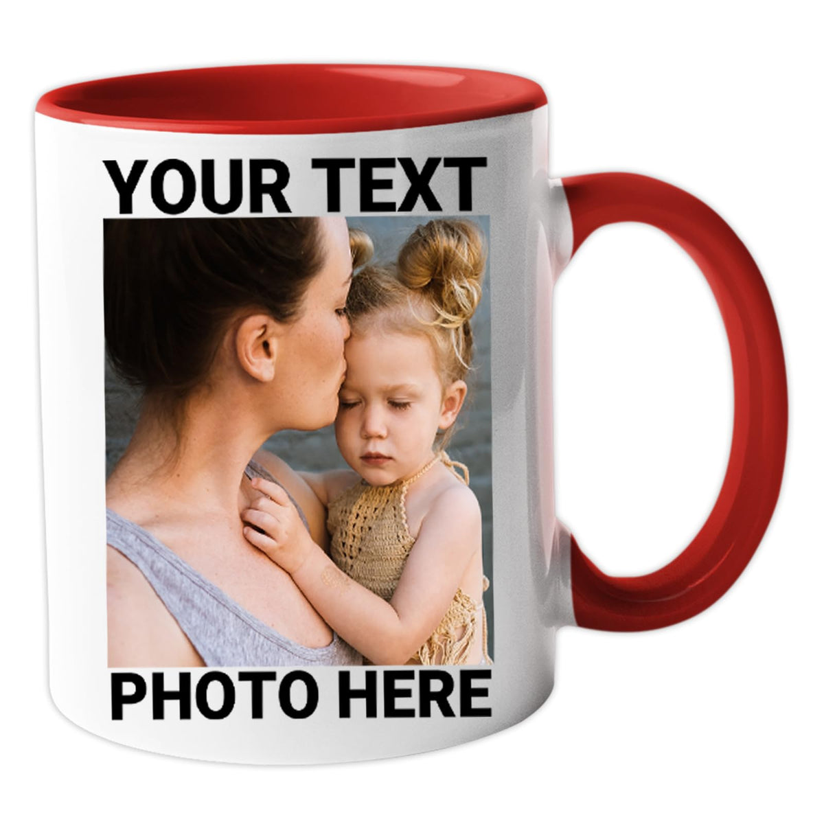 Red handle mug with an example photo and text