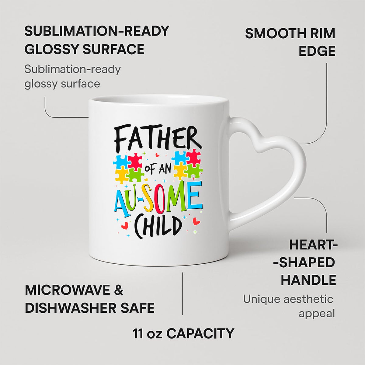 Heart-handle mug with labels for 11oz capacity, glossy surface and heart-shaped handle