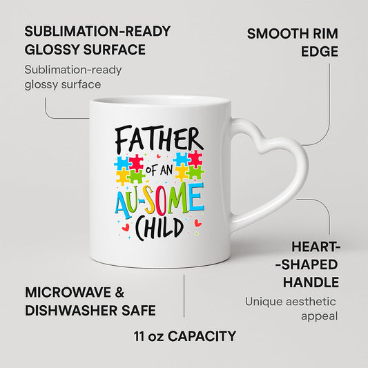 Heart-handle mug with labels for 11oz capacity, glossy surface and heart-shaped handle