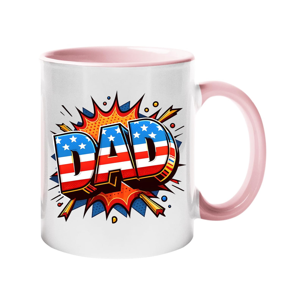Colour handle mug with a comic-style “DAD” in stars and stripes on a starburst – light pink handle and inside