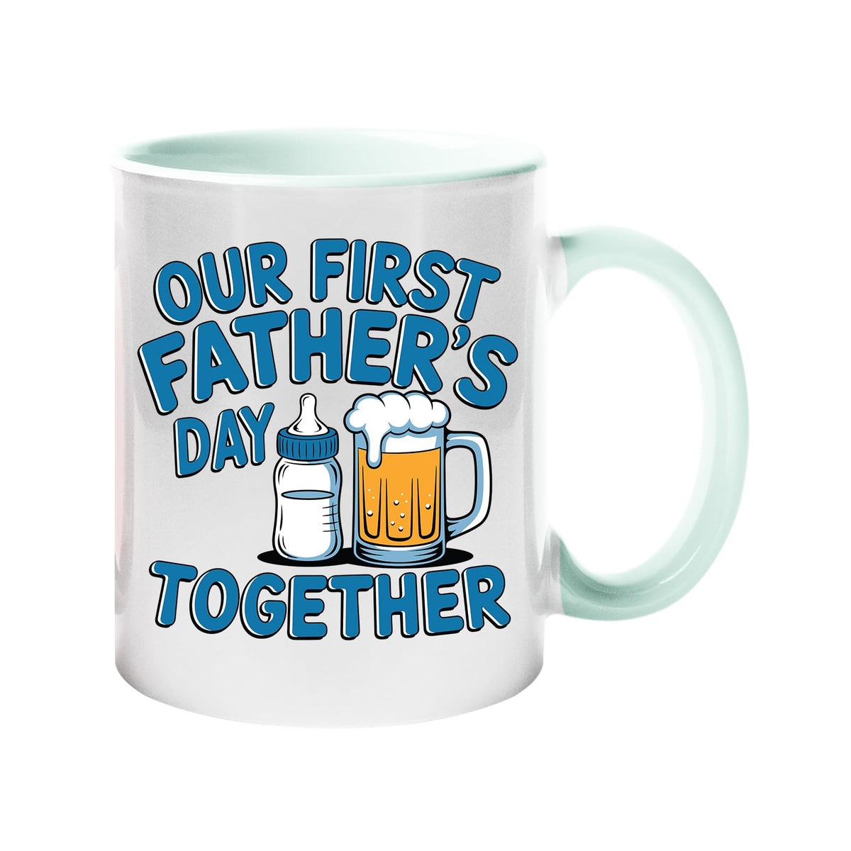 Colour handle mug with a baby bottle and a pint of beer with “Our first Father’s Day together” in blue – lime handle and inside