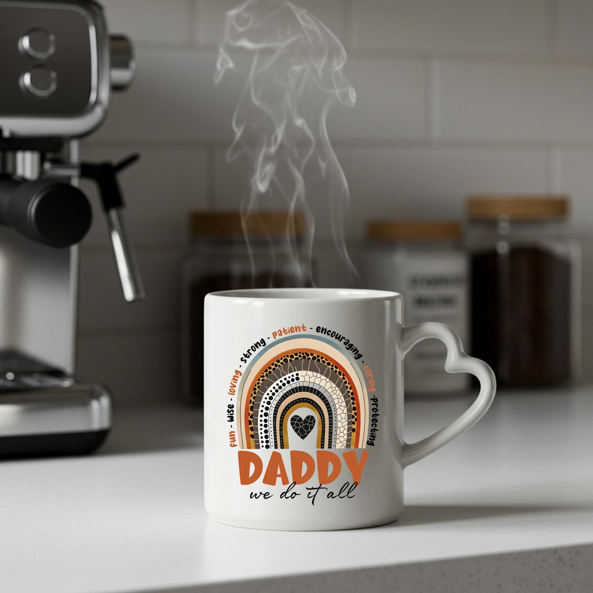 Steaming Daddy boho rainbow heart-handle mug on a kitchen counter