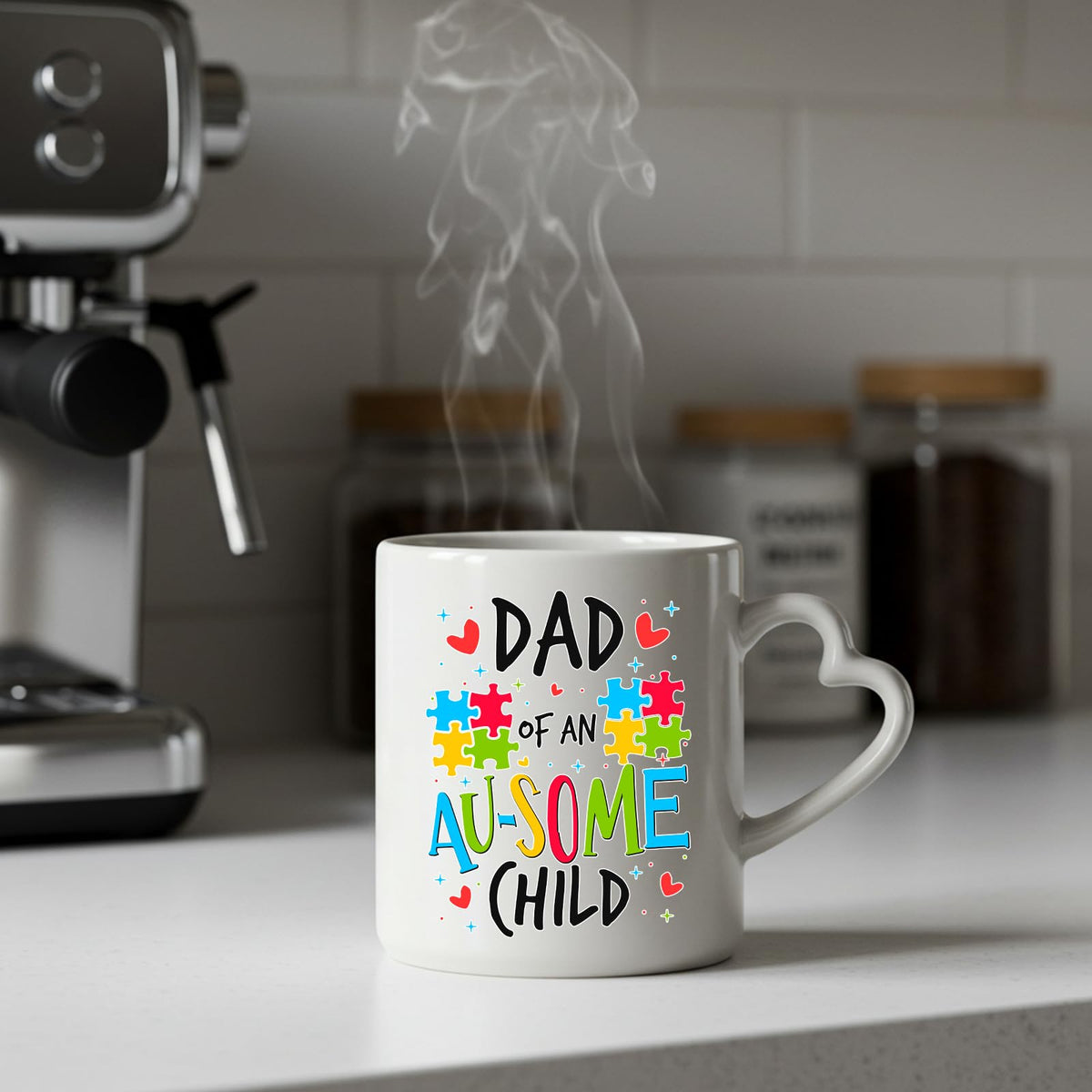 Steaming Dad of an Au-Some Child heart-handle mug on a kitchen counter