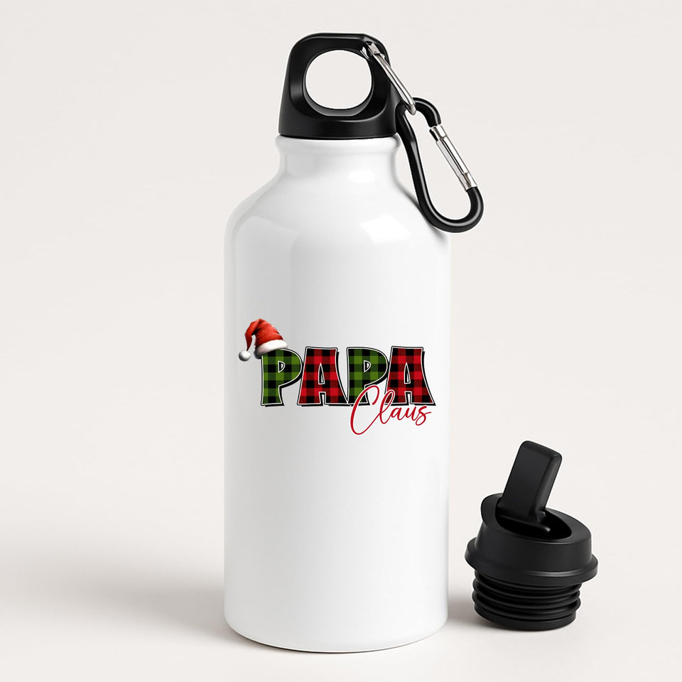 White aluminium water bottle with “Papa” in red and green plaid with a Santa hat and “Claus” in script