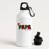 White aluminium water bottle with “Papa” in red and green plaid with a Santa hat and “Claus” in script