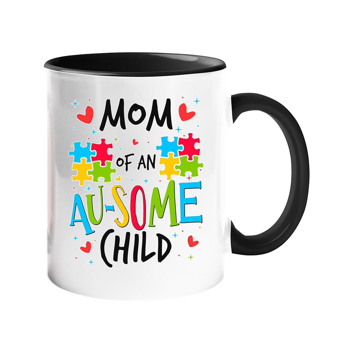 Colour handle mug with “Mom of an AU-SOME child” with colourful puzzle pieces and hearts – black handle and inside