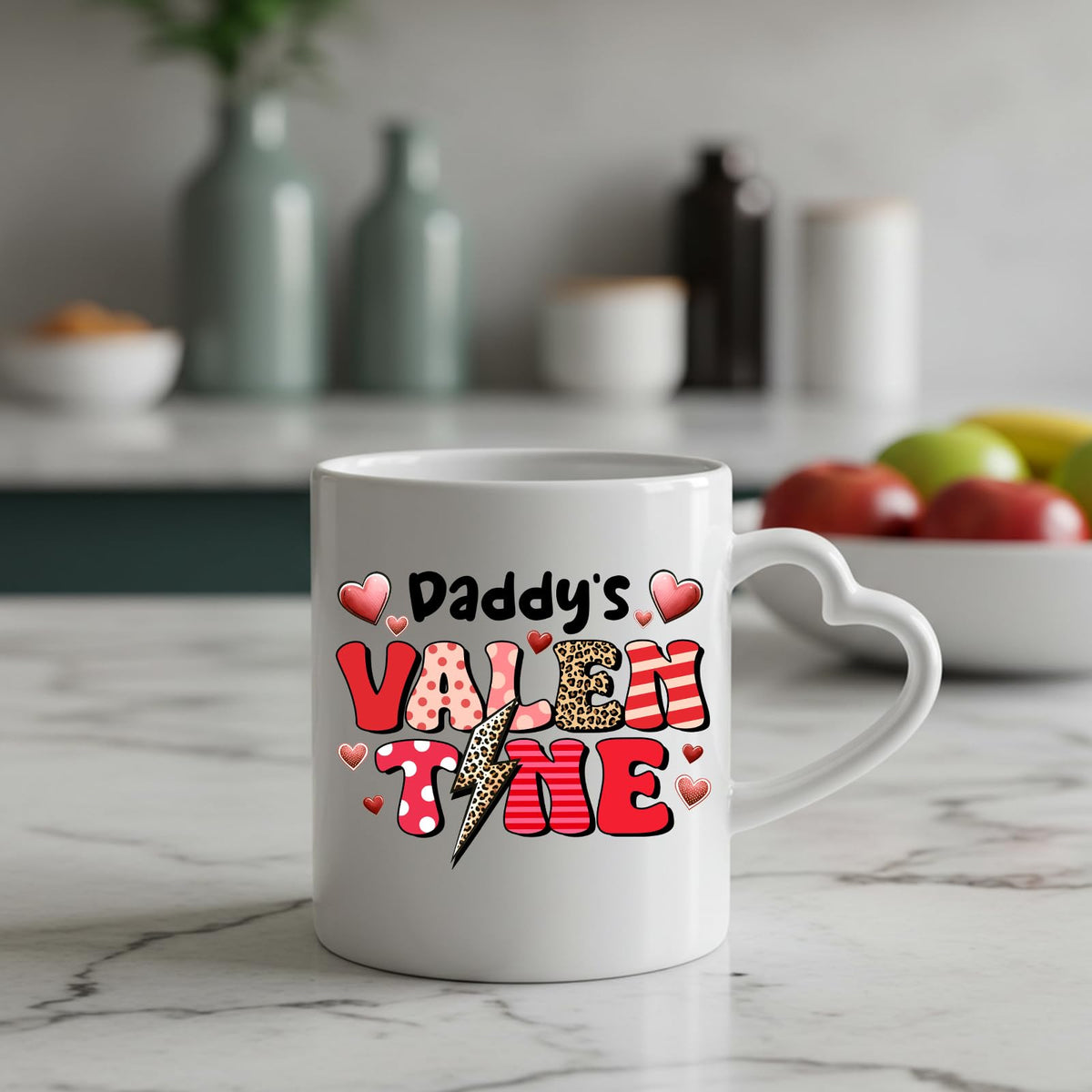 Daddy’s Valentine heart-handle mug on a marble counter with fruit