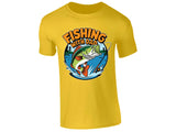 Yellow men's T-shirt with “Fishing with Dad” bass and lake design