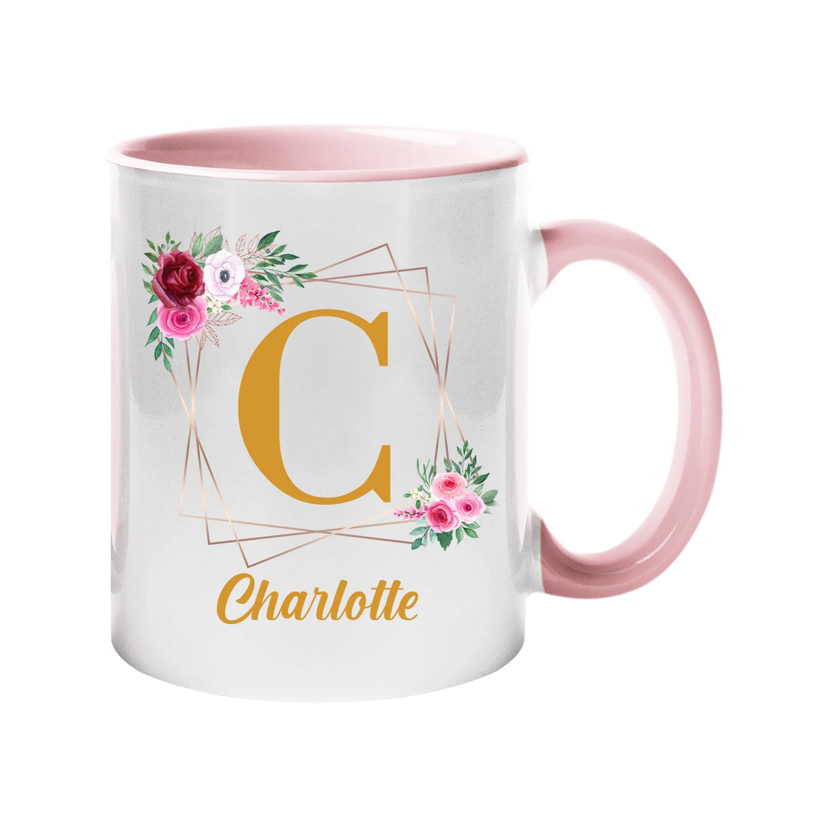 Light Pink handle mug with a gold initial in a floral frame and an example name