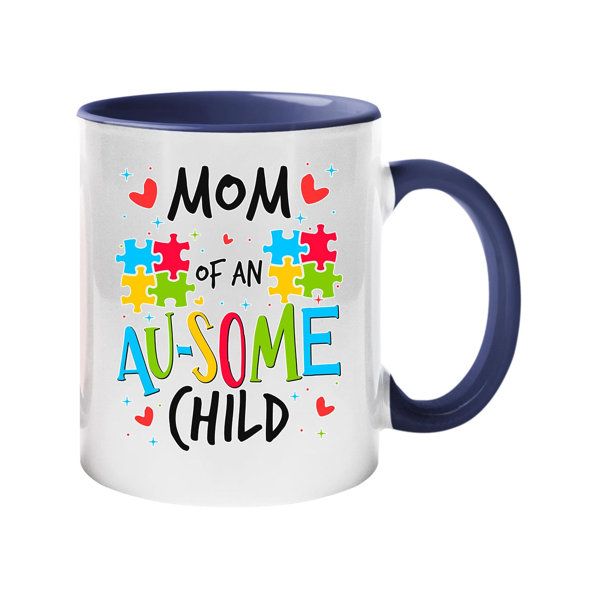 Colour handle mug with “Mom of an AU-SOME child” with colourful puzzle pieces and hearts – dark blue handle and inside