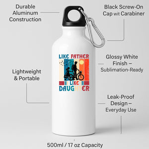 White aluminium water bottle with a dad and daughter with a bike in silhouette over retro stripes and “Like father, like daughter”